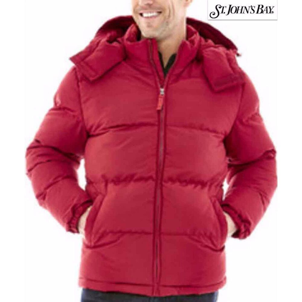 NWT XL St John's Bay Men's Fleece Lined Red Puffer Removable Hood Jacket Coat